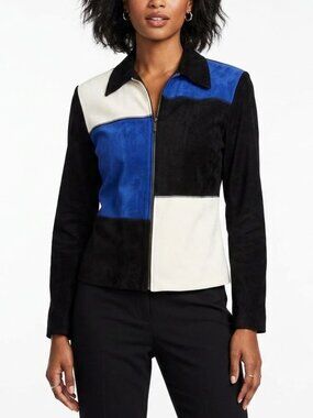 Vtg Briggs Colorblock Faux Suede Jacket 6P 90s Whimsygoth Geo Zip Shacket Blue